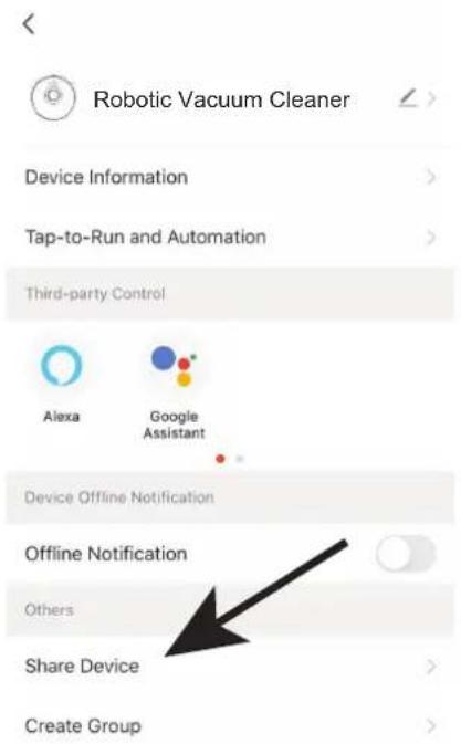 Robotic Vacuum Cleaner Device Information Tap-to-Run and Automation Third-party Control Alexa Google Assistant Device Offline Notification Offline Notification Others Share Device Create Group