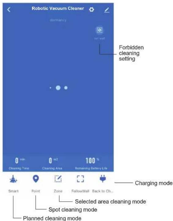 Robotic Vacuum Cleaner domancy set wall Forbidden cleaning setting 0 min 0 m² 100 % Cleaning Time Cleaning Area Remaining Battery Life Charging mode Smart Point Zone FollowWall Back to Ch... Selected area cleaning mode Spot cleaning mode Planned cleaning mode