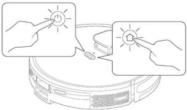 Diagram illustrating robot control system with labeled icons and actions, showing hand pressing on power button and home control.