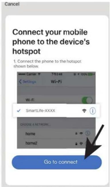 Connect your mobile phone to the device's hotspot 1. Connect the phone to the hotspot shown below. Go to connect