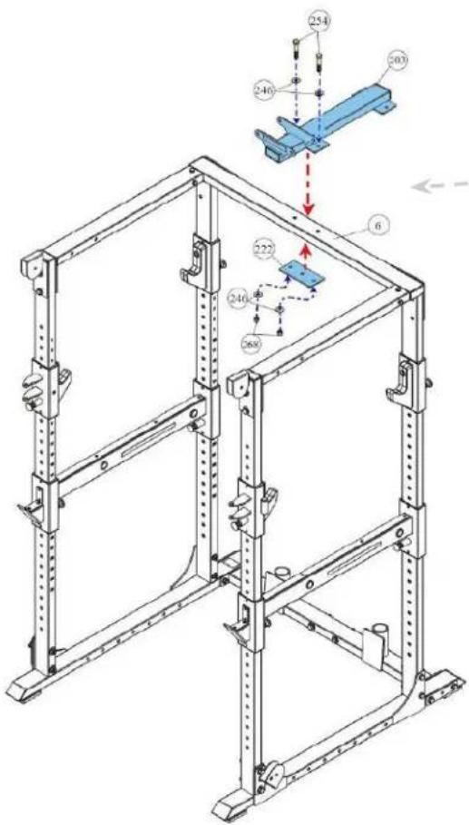 Technical diagram of a metal frame structure with numbered components and assembly instructions