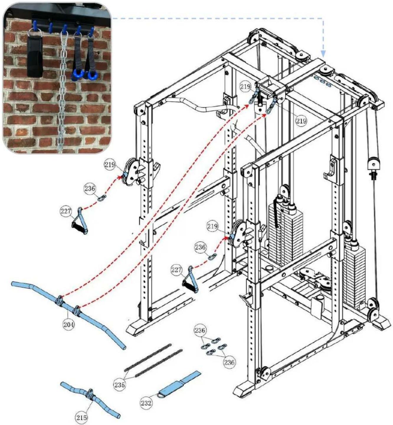 Technical diagram of a mechanical lifting system with numbered components and a close-up inset showing fixed pulleys and weights.