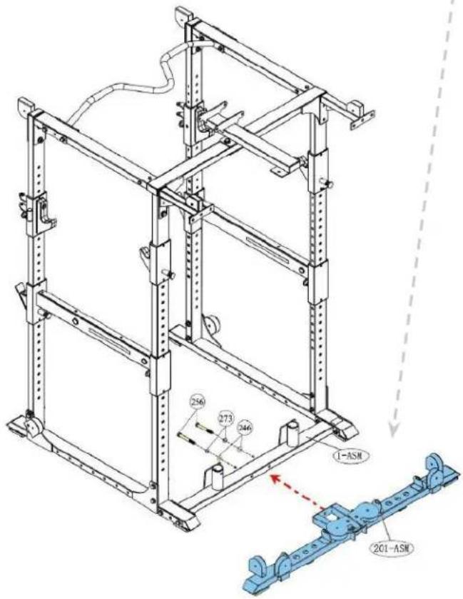 Technical diagram of a mechanical assembly with labeled components and dimensions, including ASM indicators.