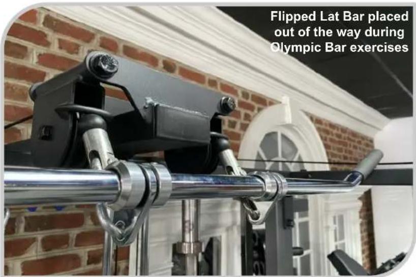 Flipped Lat Bar placed out of the way during Olympic Bar exercises