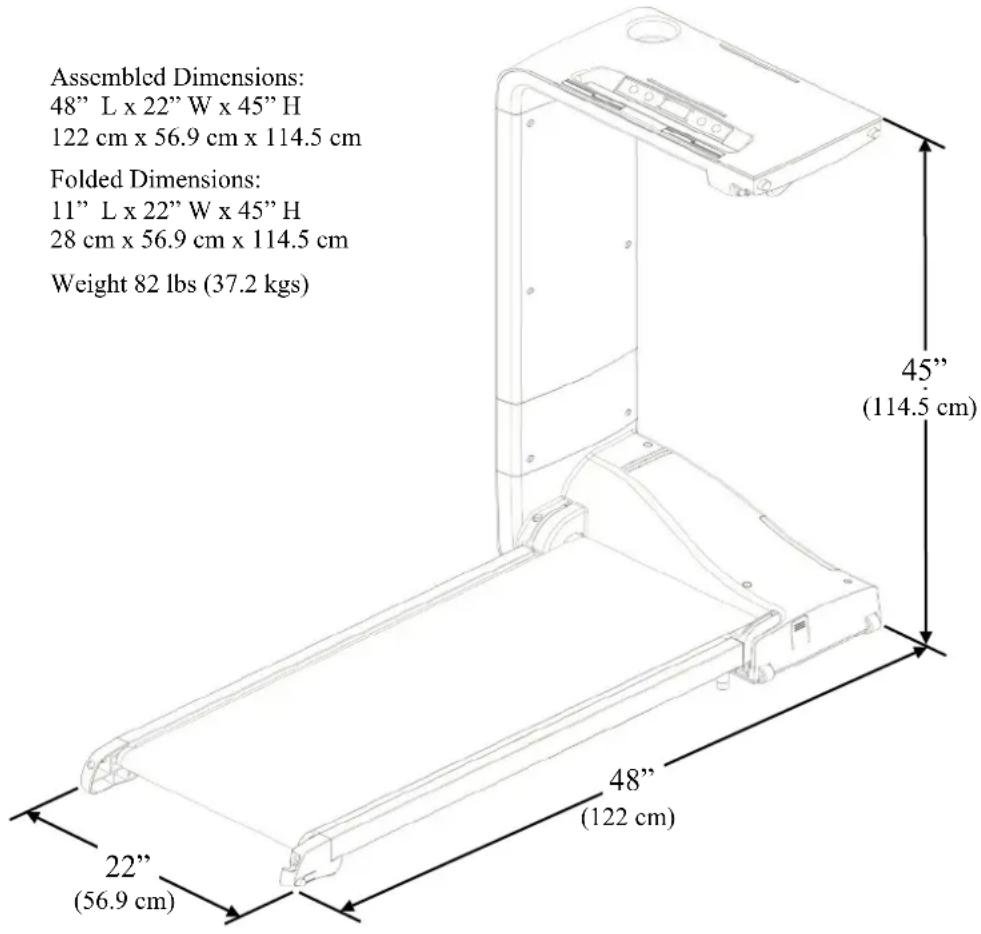 Assembled Dimensions: 48" L x 22" W x 45" H 122 cm x 56.9 cm x 114.5 cm Folded Dimensions: 11" L x 22" W x 45" H 28 cm x 56.9 cm x 114.5 cm Weight 82 lbs (37.2 kgs) 45" (114.5 cm) 48" (122 cm) 22" (56.9 cm)