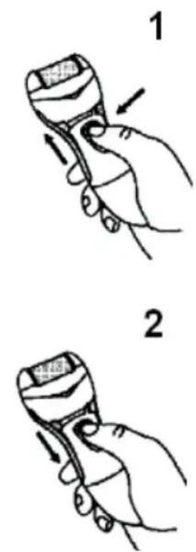Illustration showing two hand gestures (1 and 2) of a handheld device with arrows indicating motion or change.