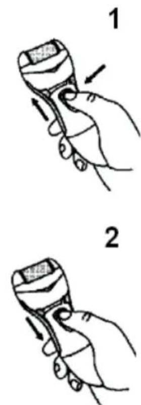 Illustration showing two hand gestures (1 and 2) of a handheld device with arrows indicating motion or force direction.