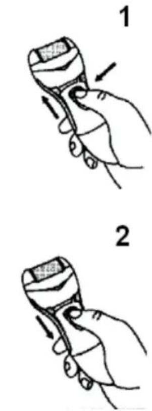 Illustration showing two hand gestures (1 and 2) of a handheld device with arrows indicating motion or change.