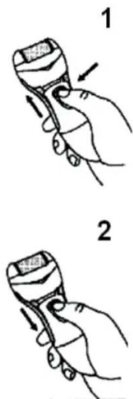 Illustration showing two hand gestures (1 and 2) of a handheld device with arrows indicating motion or change.
