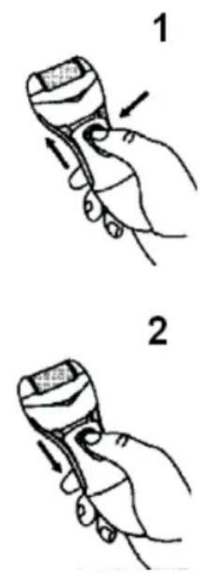 Illustration showing two hand gestures (1 and 2) of a handheld device with arrows indicating motion or movement.