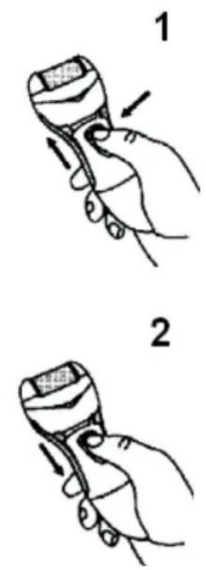 Illustration showing two hand gestures (1 and 2) of a handheld device with arrows indicating motion or change.
