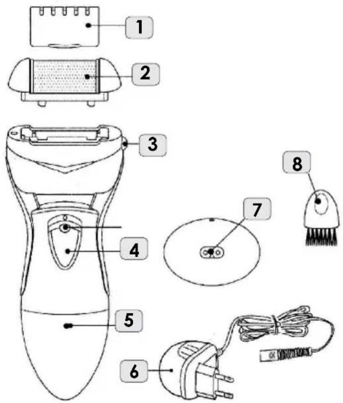 Diagram of a hairdryer with labeled parts including base, socket, and power plug
