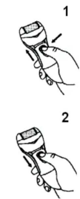 Illustration showing two hand gestures (1 and 2) of a handheld device with arrows indicating motion or change.