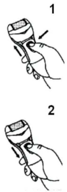 Illustration showing two hand gestures (1 and 2) of a handheld device with arrows indicating motion or force direction.