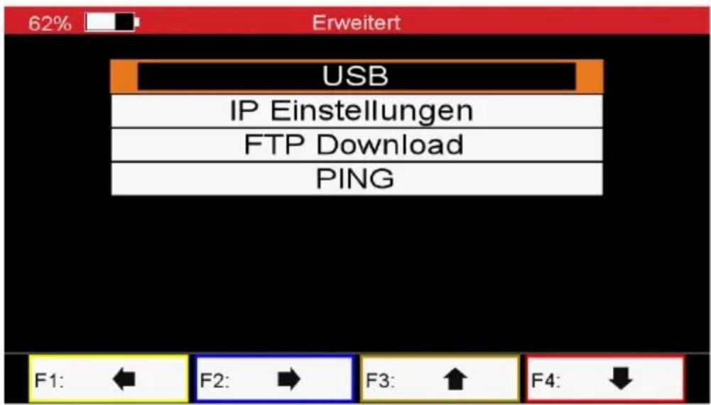 62% Erweitert USB IP Einstellungen FTP Download PING F1: ← F2: → F3: ↑ F4: ↓