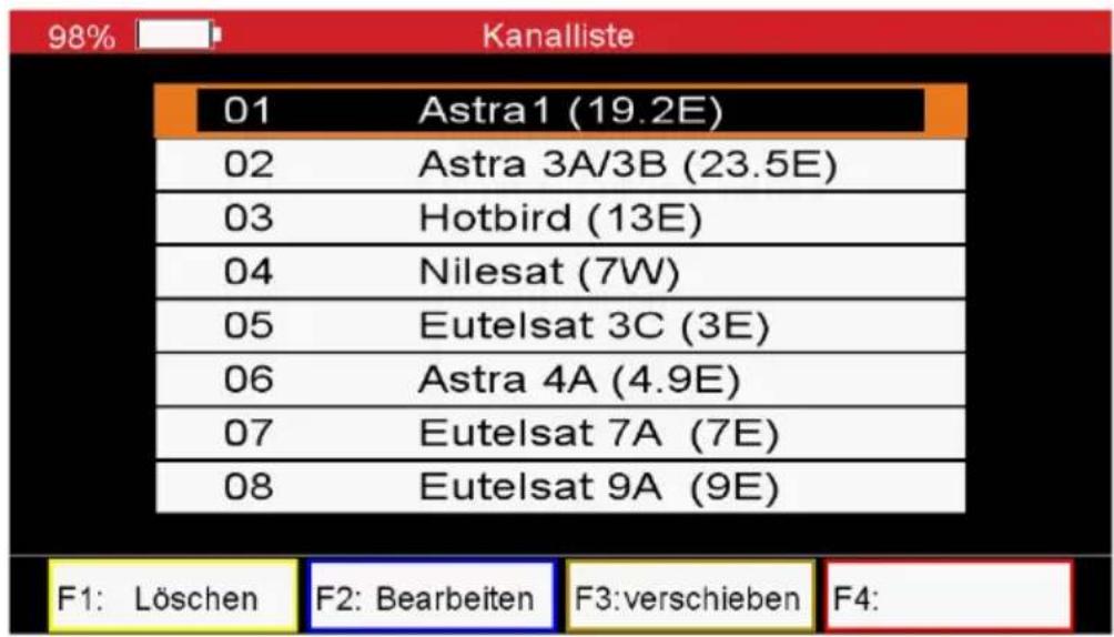 98% Kanalliste 01 Astra1 (19.2E) 02 Astra 3A/3B (23.5E) 03 Hotbird (13E) 04 Nilesat (7W) 05 Eutelsat 3C (3E) 06 Astra 4A (4.9E) 07 Eutelsat 7A (7E) 08 Eutelsat 9A (9E) F1: Löschen F2: Bearbeiten F3:verschieben F4: