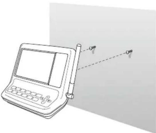 Line drawing of a laptop with a screen and antenna, connected to two sensors (no text or symbols)