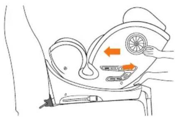 Diagram of a car seatbelt device with directional arrows indicating movement or change, showing valve positions and control buttons.