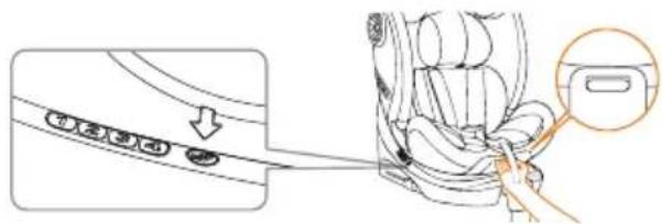 Diagram showing car seatbelt adjustment with numbered buttons and a close-up of the seatbelt switch