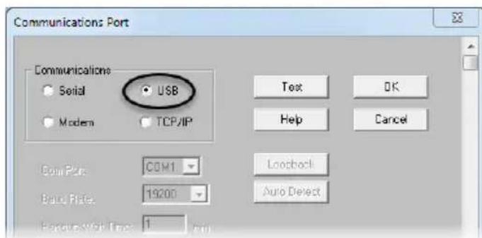 Communications Port Communications Serial USB Modern TCP/IP Text OK Help Cancel Com Plan COM1 Auto Detect Base Rate: 19200 Auto Detect Home Web Time: 1