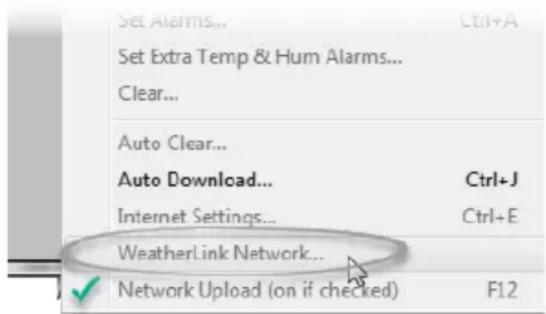Set Alarms... Set Extra Temp & Hum Alarms... Clear... Auto Clear... Auto Download... Internet Settings... WeatherLink Network... Network Upload (on if checked) Ctrl+A Ctrl+J Ctrl+E F12