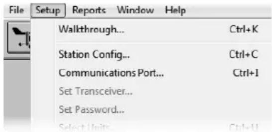 File Setup Reports Window Help Walkthrough... Ctrl+K Station Config... Ctrl+C Communications Port... Ctrl+I Set Transceiver... Set Password... Select Units Ctrl+U