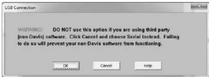 USB Connection WARNING: DO NOT use this option if you are using third party [non-Davis] software. Click Cancel and choose Serial instead. Failing to do so will prevent your non-Davis software from functioning. OK Cancel Help