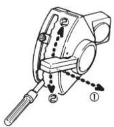 Technical diagram of a mechanical device with labeled parts and directional arrows indicating movement or assembly.