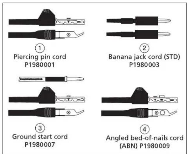 ① Piercing pin cord P1980001 ② Banana jack cord (STD) P1980003 ③ Ground start cord P1980007 ④ Angled bed-of-nails cord (ABN) P1980009