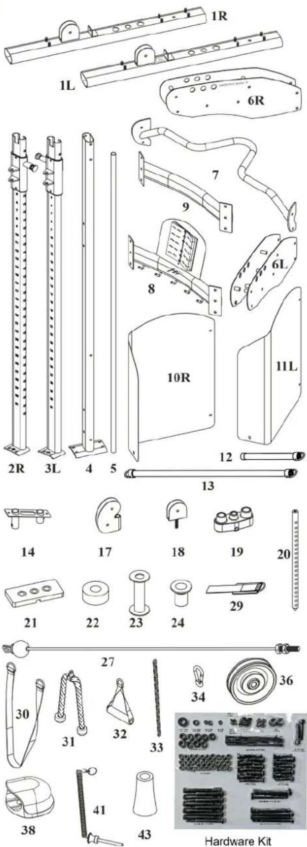 1R 1L 6R 7 9 8 6L 10R 11L 2R 3L 4 5 12 13 14 17 18 19 20 21 22 23 24 29 27 30 31 32 33 34 36 38 41 43 Hardware Kit