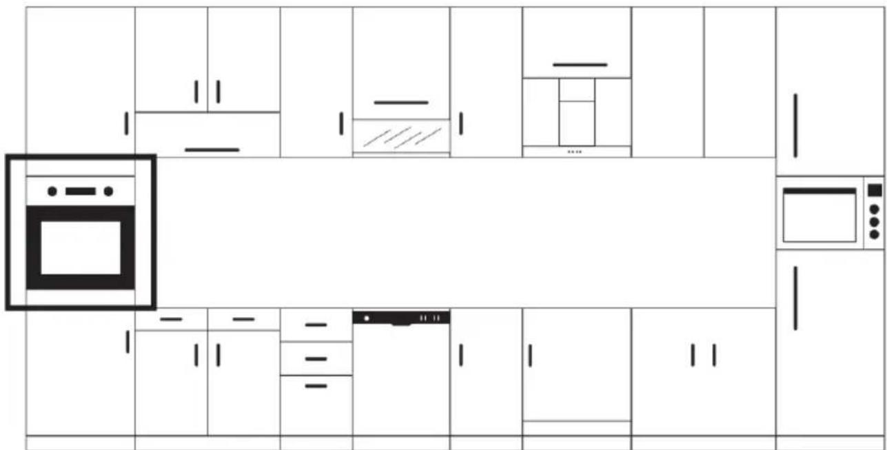 Architectural floor plan of a kitchen with labeled cabinets, ovens, and appliances