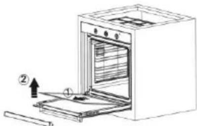 Diagram of an oven with labeled parts and directional arrow indicating assembly or movement