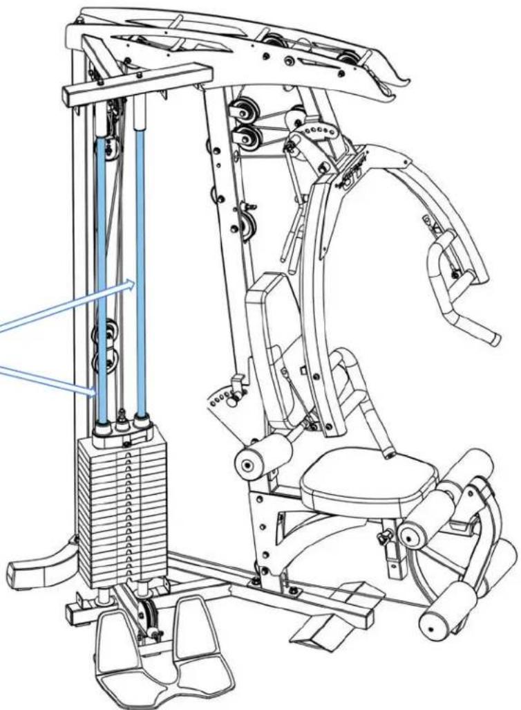 Technical line drawing of a mechanical exercise machine with vertical supports and levers (no text or labels)