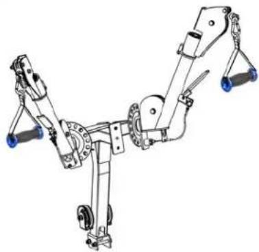 Technical line drawing of a robotic arm with articulated joints and blue casings (no text or symbols)