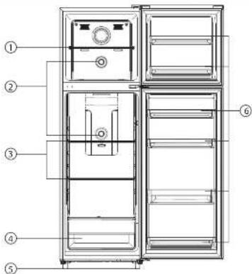 Technical diagram of a refrigerator with numbered parts for identification