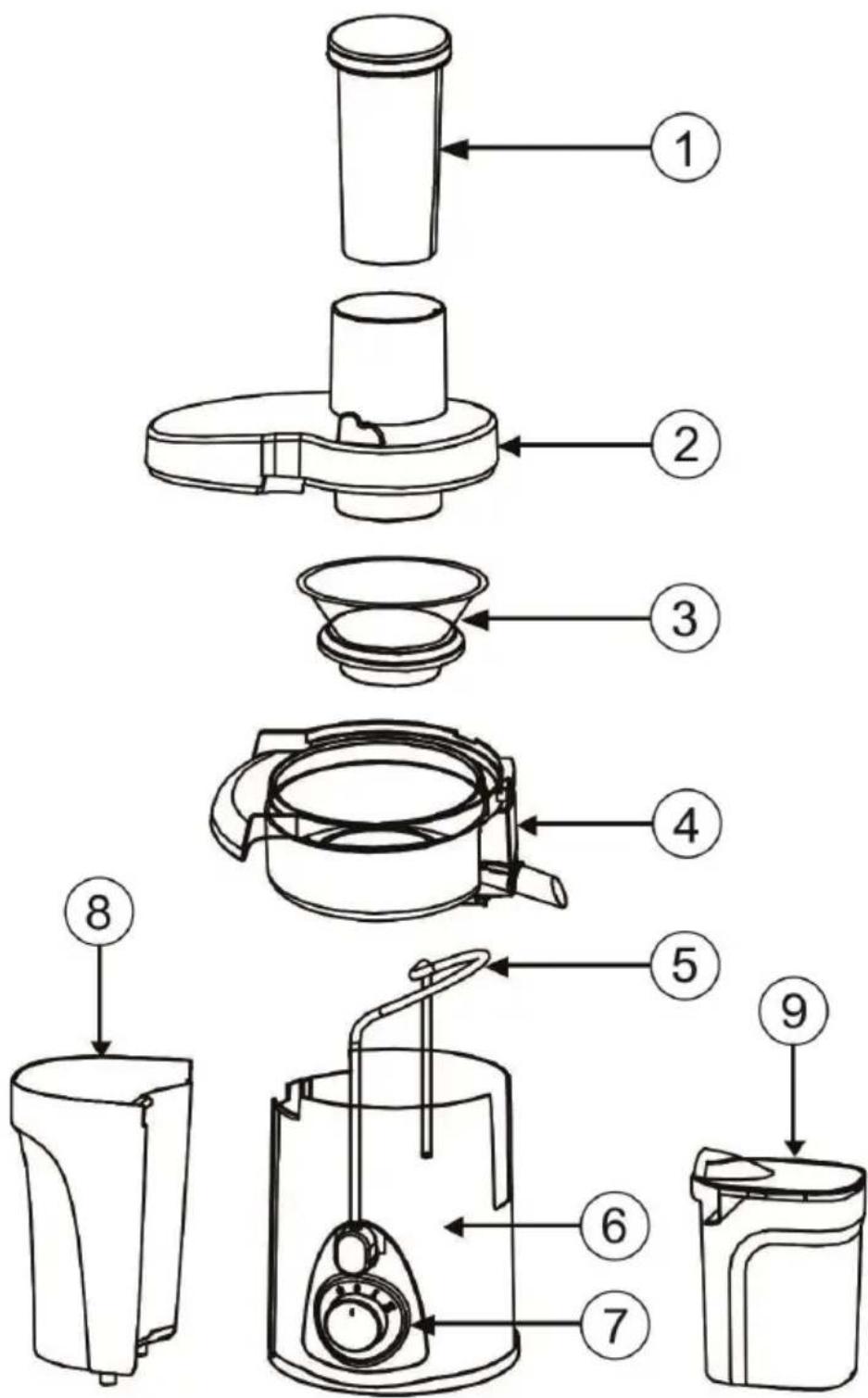 Diagram of a food blender with numbered parts for each step, showing the internal structure and labeling.