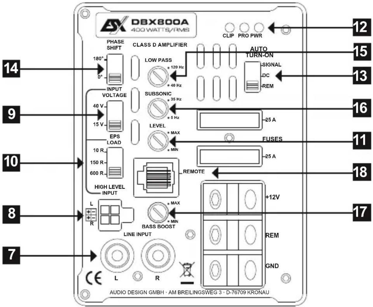 DBX800A 400 WATTS/RMS CLIP PRO PWR PHASE SHIFT CLASS D AMPLIFIER AUTO TURN-ON SIGNAL DC REM 180° 120 Hz LOW PASS 40 Hz INPUT VOLTAGE SUBSONIC 35 Hz 40 V 5 Hz LEVEL MAX EPS LOAD FUSES MIN 10 R 25 A 150 R 600 R HIGH LEVEL INPUT REMOTE LINE INPUT +12V R MAX MIN BASS BOOST GND L L R 14 15 13 16 11 18 17 AUDIO DESIGN GMBH · AM BREILINGSWEG 3 · D-76709 KRONAU