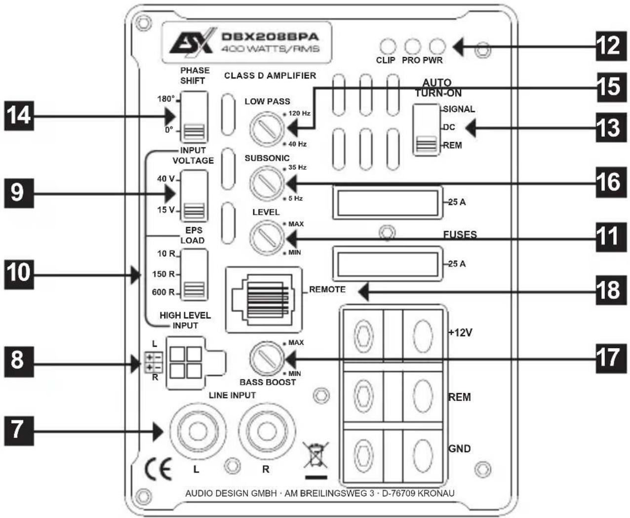 DBX2088PA 400 WATTS/RMS CLIP PRO PWR PHASE SHIFT CLASS D AMPLIFIER AUTO TURN-ON SIGNAL DC REM 180° 120 Hz LOW PASS 40 Hz INPUT VOLTAGE SUBSONIC 35 Hz 40 V 5 Hz LEVEL MAX FUSES EPS LOAD MIN 10 R 25 A 150 R -25 A 600 R HIGH LEVEL INPUT REMOTE LINE INPUT +12V R MAX GND L R BASS BOOST CE L R AUDIO DESIGN GMBH · AM BREILINGSWEG 3 · D-76709 KRONAU