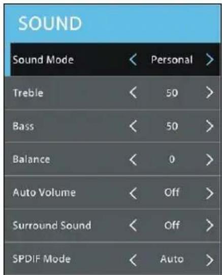 SOUND Sound Mode < Personal > Treble < 50 > Bass < 50 > Balance < 0 > Auto Volume < Off > Surround Sound < Off > SPDIF Mode < Auto >