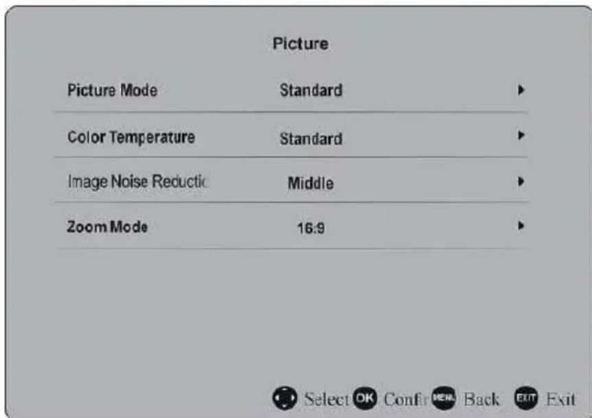Picture Picture Mode Standard ► Color Temperature Standard ► Image Noise Reductic Middle ► Zoom Mode 16:9 ► Select OK Conf MR Back EXIT Exit