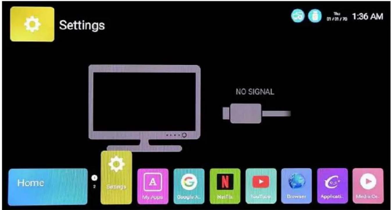 Settings Home Settings My Apps Google A... Netflix YouTube Browser Applicati... Media Co. NO SIGNAL Thu 01/01/70 1:36 AM