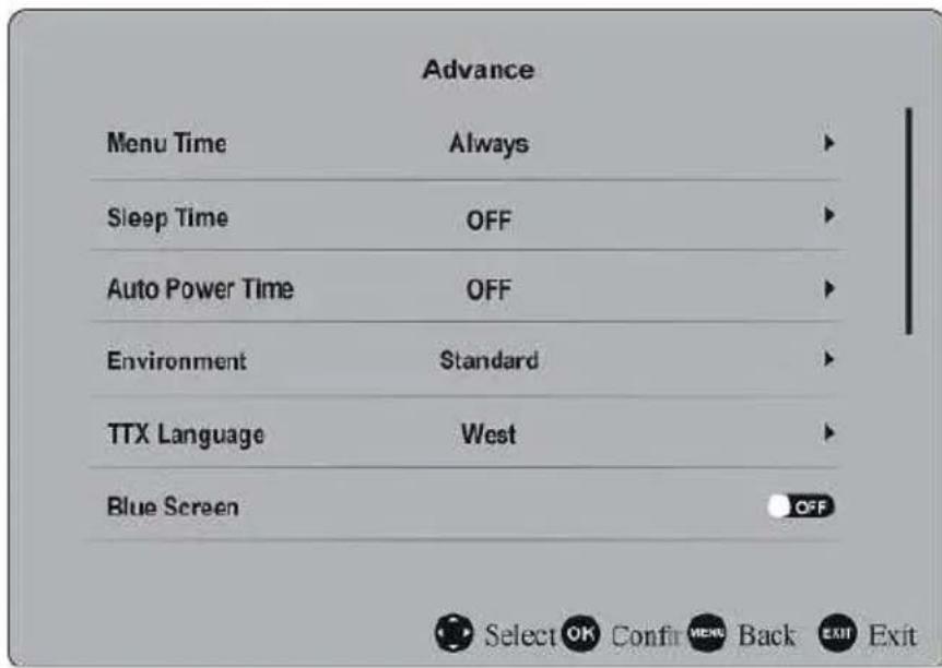 Advance Menu Time Always Sleep Time OFF Auto Power Time OFF Environment Standard TTX Language West Blue Screen OFF Select OK Conf# Back Exit