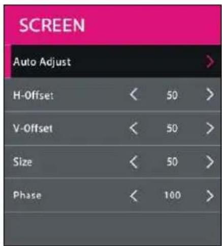 SCREEN Auto Adjust > H-Offset < 50 > V-Offset < 50 > Size < 50 > Phase < 100 >