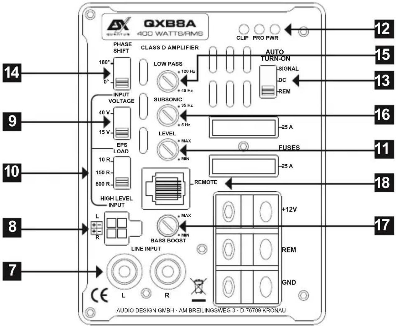 QXB8A 400 WATTS/RMS CLIP PRO PWR PHASE SHIFT CLASS D AMPLIFIER AUTO TURN-ON SIGNAL DC REM LOW PASS 120 Hz 40 Hz INPUT VOLTAGE SUBSONIC 35 Hz 40 V 15 V LEVEL MAX MIN EPS LOAD FUSES 10 R 150 R 600 R HIGH LEVEL INPUT REMOTE +12V LINE INPUT BASS BOOST L MAX R MIN GND 12 15 13 16 11 18 17 7 14 9 10 8 7 AUDIO DESIGN GMBH · AM BREILINGSWEG 3 · D-76709 KRONAU