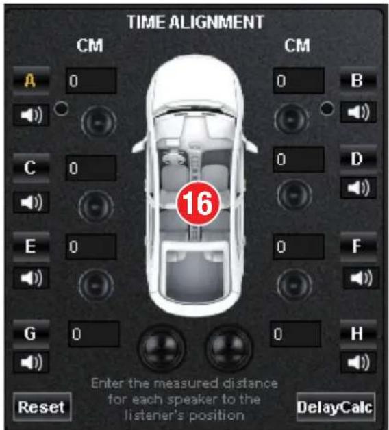 TIME ALIGNMENT CM CM A 0 B C 0 D E 0 F G 0 H Reset Enter the measured distance for each speaker to the listener's position DelayCalc