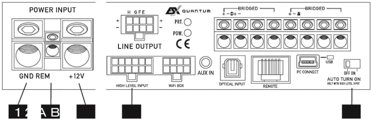POWER INPUT GND REM +12V 1 2 A B H G FE + - LINE OUTPUT HIG LEVEL INPUT QUANTUM PRT. ○ POW. ○ CE AUX IN OPTICAL INPUT REMOTE BRIDGED + -D+ - BRIDGED USB PC CONNECT OFF ON AUTO TURN ON ONLY WITH HIGH LEVEL INPUT