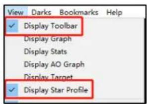 View Darks Bookmarks Help ✓ Display Toolbar Display Graph Display Stats Display AO Graph Display Target ✓ Display Star Profile