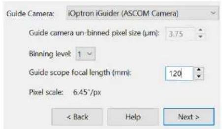 Guide Camera: iOption iGuider (ASCOM Camera) Guide camera un-binned pixel size (µm): 3.75 Binning level: 1 Guide scope focal length (mm): 120 Pixel scale: 6.45"/px < Back Help Next >