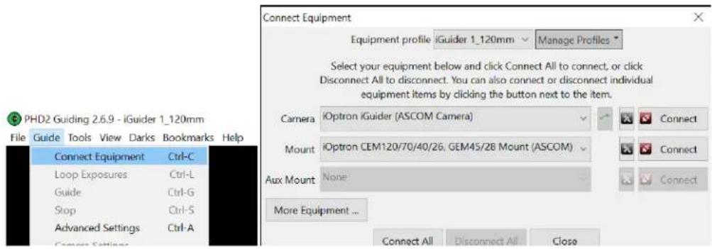PHD2 Guiding 2.6.9 - iGuider 1_120mm File Guide Tools View Darks Bookmarks Help Connect Equipment Ctrl-C Loop Exposures Ctrl-L Guide Ctrl-G Stop Ctrl-S Advanced Settings Ctrl-A Connect Equipment Equipment profile iGuider 1_120mm Manage Profiles Select your equipment below and click Connect All to connect, or click Disconnect All to disconnect. You can also connect or disconnect individual equipment items by clicking the button next to the item. Camera iOptron iGuider (ASCOM Camera) Mount iOptron CEM120/70/40/26, GEM45/28 Mount (ASCOM) Aux Mount None More Equipment ... Connect All Disconnect All Close