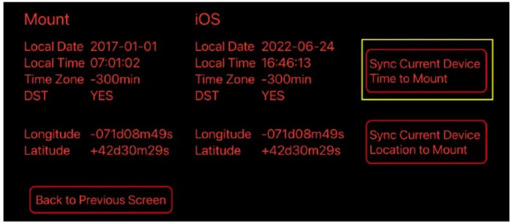 Mount Local Date 2017-01-01 Local Time 07:01:02 Time Zone -300min DST YES iOS Local Date 2022-06-24 Local Time 16:46:13 Time Zone -300min DST YES Sync Current Device Time to Mount Longitude -071d08m49s Latitude +42d30m29s Longitude -071d08m49s Latitude +42d30m29s Back to Previous Screen Sync Current Device Location to Mount